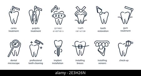 Set of line dentistry icons. Dental flat vector elements. Stock Vector