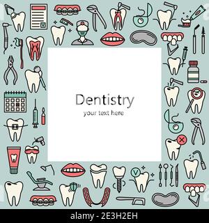 Template with line dentistry icons. Dental flat vector elements. Stock Vector