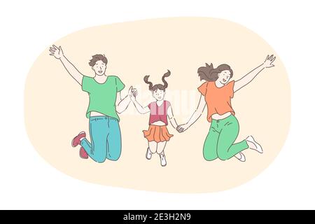 Happy family, parenthood, having children concept. Young happy parents father and mother cartoon characters jumping and having fun together with small Stock Vector