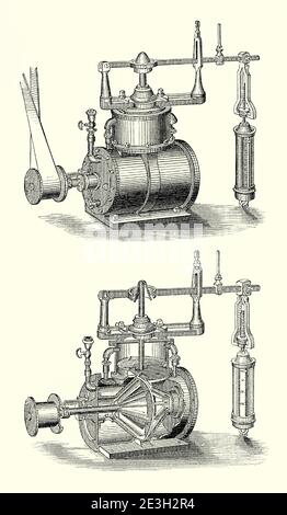 An old engraving of Duff’s marine governor – the cutaway at the bottom shows its workings. It is from a Victorian mechanical engineering book of the 1880s. A governor, or speed limiter or controller, is a device used to measure and regulate the speed of a machine, such as an engine. Often a centrifugal governor will use the effect of inertial force on rotating weights to regulate its speed by altering the input flow of steam. Duff’s version operates by the force of a centrifugal pump in a vessel of oil. There is a spring balance and cut-off above the governor. Stock Photo