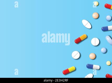 Medicines on light blue background. Stock Vector