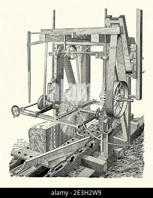 An old engraving stone saw in the 1800s. It is from a Victorian mechanical engineering book of the 1880s. This big machine has a wooden frame and a large, circular cutting blade – this is belt driven and could be powered by a steam engine or water power. Adjustments can be made to the blade set-up by the hand-turned wheels and cogs. The stone was pushed through the machine on a sliding platform on rollers. This was done by hand with a long, timber push stick or rod (shown here in the foreground). As this was happening a water pipe (here fed from the right) would ‘lubricate’ the cutting wheel. Stock Photo