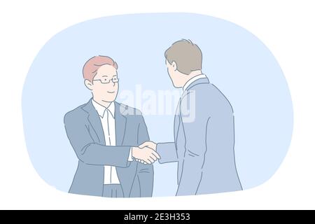 Agreement, deal, business, successful negotiations, teamwork concept. Young businessmen in official suits cartoon characters standing and shaking hand Stock Vector