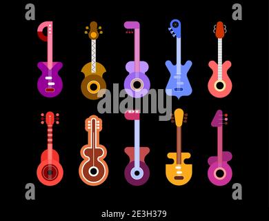 Set of ten different multicolored guitars isolated on a black background. Electric and acoustic guitars. Stock Vector