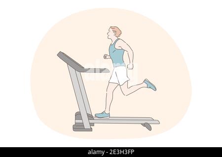 Sport, jogging, workout concept. Young happy man athlete runner cartoon character running on treadmill in gym alone. Summertime recreation fitness and Stock Vector