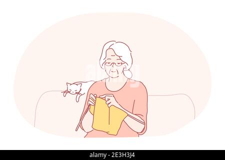 Knitting, hobbies of elderly people concept. Smiling grey haired senior woman grandmother sitting and knitting scarf from wool on sofa with sleeping c Stock Vector