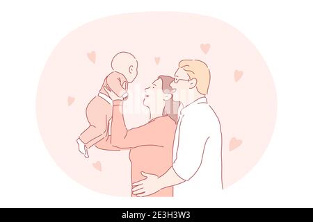 Happy family, parenthood, having children concept. Young happy parents father and mother cartoon characters standing and holding small baby in raised Stock Vector