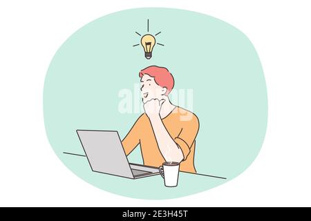 Business, work, success, thought, problem, brainstorm concept. Smart happy businessman genius cartoon person having idea. Intelligence mind and goal a Stock Vector