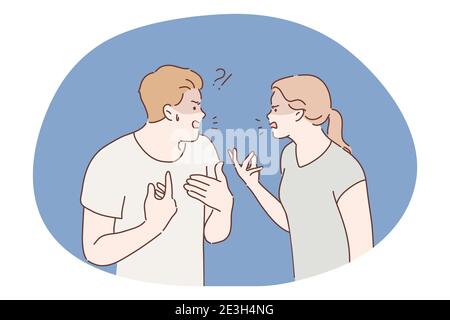 Family, quarrel, divorce, aggression, conflict concept. Angry aggressive couple man boyfriend woman girlfriend yelling and shouting together. Furious Stock Vector