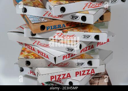Empty, used pizza boxes, takeaways, Stock Photo