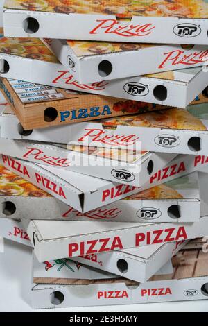 Empty, used pizza boxes, takeaways, Stock Photo