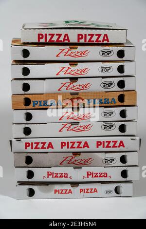Empty, used pizza boxes, takeaways, Stock Photo