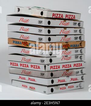 Empty, used pizza boxes, takeaways, Stock Photo