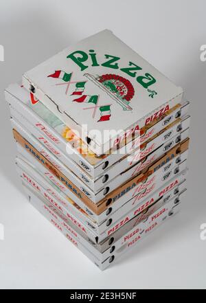 Empty, used pizza boxes, takeaways, Stock Photo