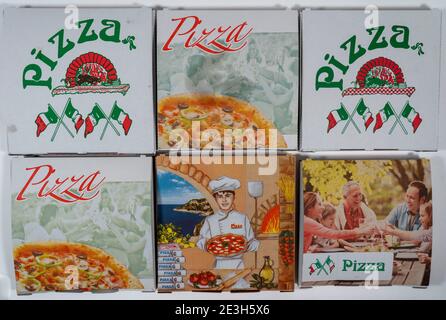 Empty, used pizza boxes, takeaways, Stock Photo