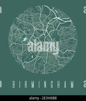 Birmingham map poster. Decorative design street map of Birmingham city. Cityscape aria panorama silhouette aerial view, typography style. Land, river, Stock Vector