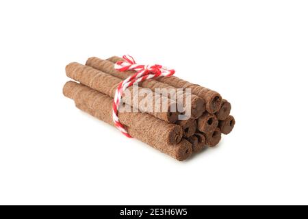 Crispy chocolate wafer rolls isolated on white, a bunch of sweet wafer rolls cut out for dessert and snack design Stock Photo