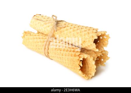 Wafer rolls with condensed milk isolated on white background Stock Photo