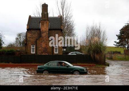 Hathern, Leicestershire, UK. 19th January 2021. UK weather. A man looks out of his car after getting stranded in flood water. Storm Christoph is set to bring widespread flooding to parts of England. Credit Darren Staples/Alamy Live News. Stock Photo