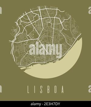 Lisbon map poster. Decorative design street map of Lisbon city. Cityscape aria panorama silhouette aerial view, typography style. Land, river, highway Stock Vector