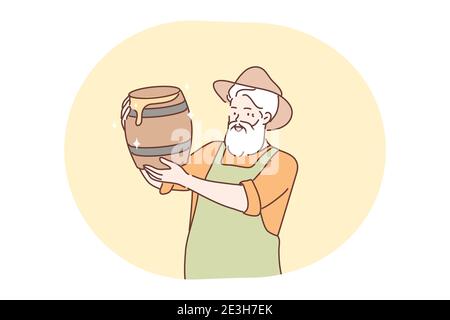 Beekeeping, harvesting, honey concept. Old man senior citizen pensioner farmer beekeeper cartton character at apiary holding honey in barrels jars. Ru Stock Vector