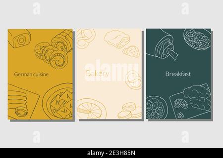Hand drawn poster set with German cuisine dish. Design sketch element for menu cafe, bistro, restaurant, bakery and packaging.  Vector illustration. Stock Vector
