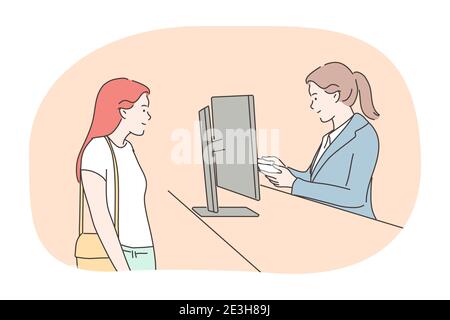 Check in, registration concept. Young woman passenger cartoon character stands on passport customs control desk. Airport security department staff wor Stock Vector