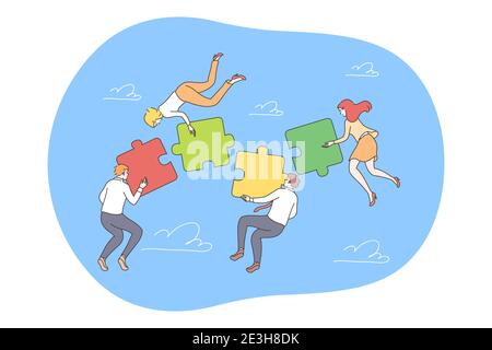 Business, teamwork, collaboration concept. Group of businessmen women managers cartoon characters cooperate together collect assembling jugsaw puzzles Stock Vector