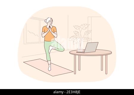 Sport, pilates, training concept. Woman senior citizen doing workout aerobic yoga body exercises watching online tutorial lesson on laptop. Stay healt Stock Vector