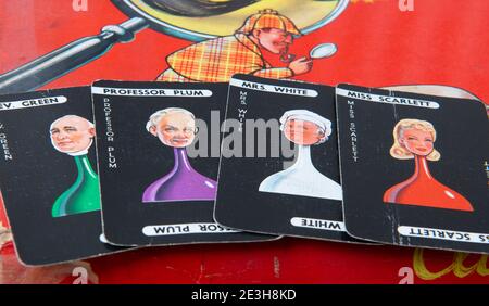 Cluedo detective game cards from a 1949 version of the board game Stock Photo