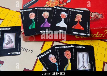 Cluedo detective game cards from a 1949 version of the board game Stock Photo