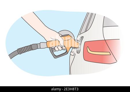 Economy, filling, petrol concept. Human hand refueling car on fuel station or pumping petroleum gasoline oil. Service fulfilling gas biodiesel into ve Stock Vector