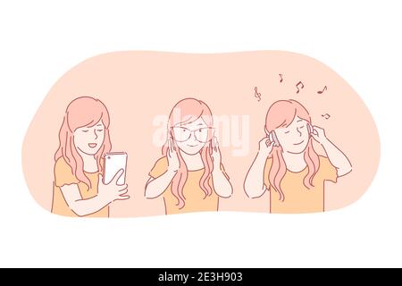 Online, smartphone, headphones, modern technologies concept. Positive girl teen cartoon character enjoying using smartphone and listening to music in Stock Vector