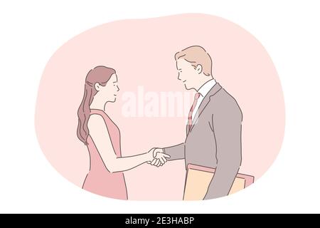 Deal, business agreement, successful negotiations concept. Young smiling business people man and woman partners cartoon characters standing and shakin Stock Vector