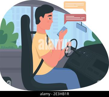 Texting while driving 2D vector web banner, poster Stock Vector