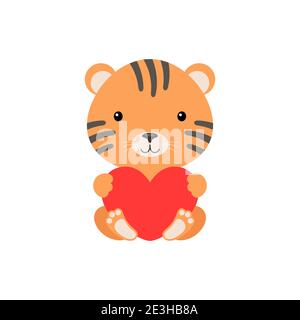 Cute funny tiger with heart on white background. Cartoon animal character for congratulation with St. Valentine day, greeting card, invitation Stock Vector