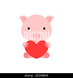 Cute funny pig with heart on white background. Cartoon animal character for congratulation with St. Valentine day, greeting card, invitation Stock Vector