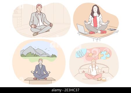 Meditation, relaxation, reaching harmony during working day and before sleep concept. Young men and women meditating and practicing yoga relaxation in Stock Vector