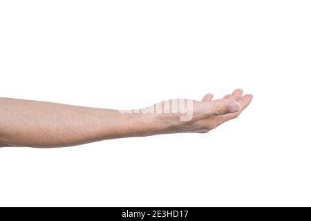 Close-up of male hand open palm up, isolated on white background with clipping path. Stock Photo