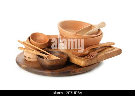 Different wooden dishes isolated on white background Stock Photo