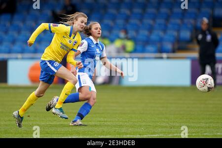 Birmingham City's Sarah Mayling (right) and Brighton and Hove Albion's Ellie Jade Brazil during the FA Women's Super League match at SportNation.bet Stadium, Birmingham. Stock Photo