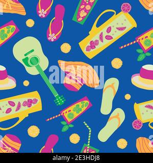 Beach party vector seamless pattern background. Tropical backdrop with jugs, drinks glasses, lemon slices, flip flops, guitars. Vibrant hand drawn Stock Vector