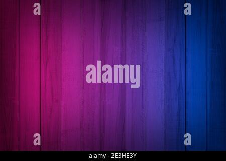 Neon light on wood wall texture background. Lighting effect red and blue neon backgrounds. Stock Photo