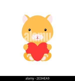 Cute funny hamster with heart on white background. Cartoon animal character for congratulation with St. Valentine day, greeting card, invitation Stock Vector