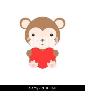 Cute funny monkey with heart on white background. Cartoon animal character for congratulation with St. Valentine day, greeting card, invitation Stock Vector