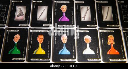 Set of Cluedo detective game cards from a 1949 version of the board game Stock Photo