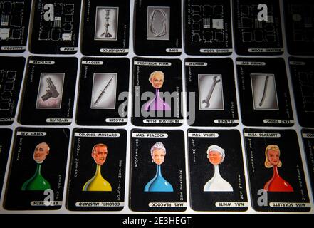 Complete set of Cluedo detective game cards from a 1949 version of the board game Stock Photo