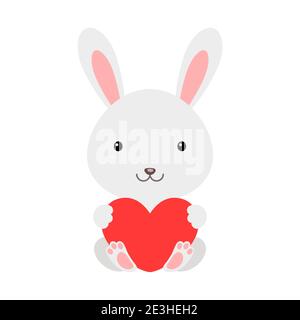 Cute funny rabbit with heart on white background. Cartoon animal character for congratulation with St. Valentine day, greeting card, invitation Stock Vector