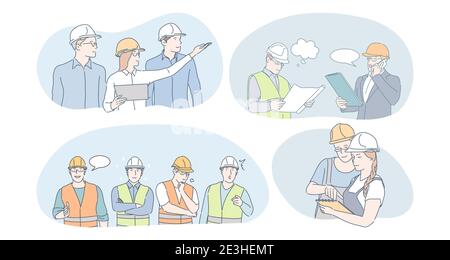 Engineering and construction workers concept. People engineers, builders and managers in protective helmets and uniform communicating and discussing b Stock Vector