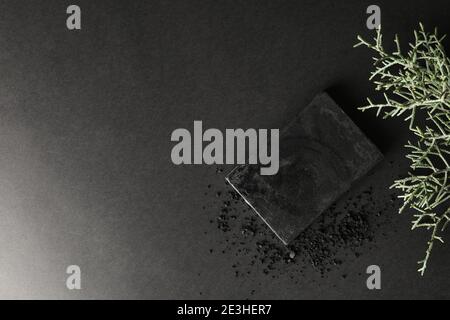 Charcoal soap and thuja branches on black background Stock Photo
